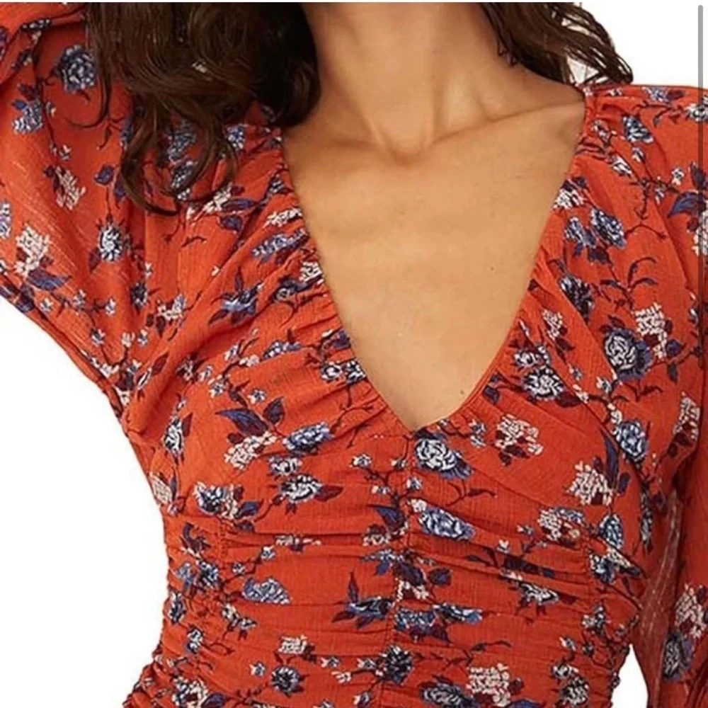 Free People Final Rose Rust Floral Ruched V-Neck Blouse XS
